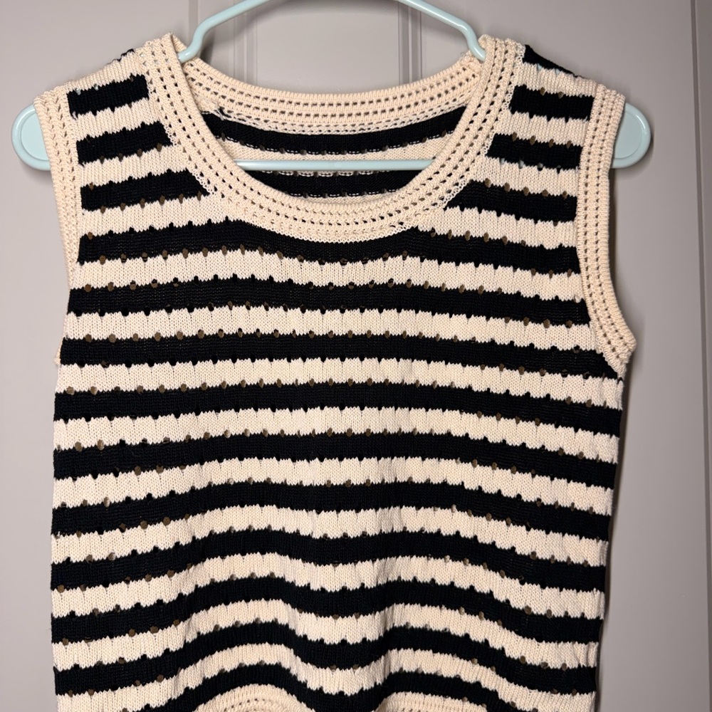 Commense Black & Cream Striped Crochet Tank